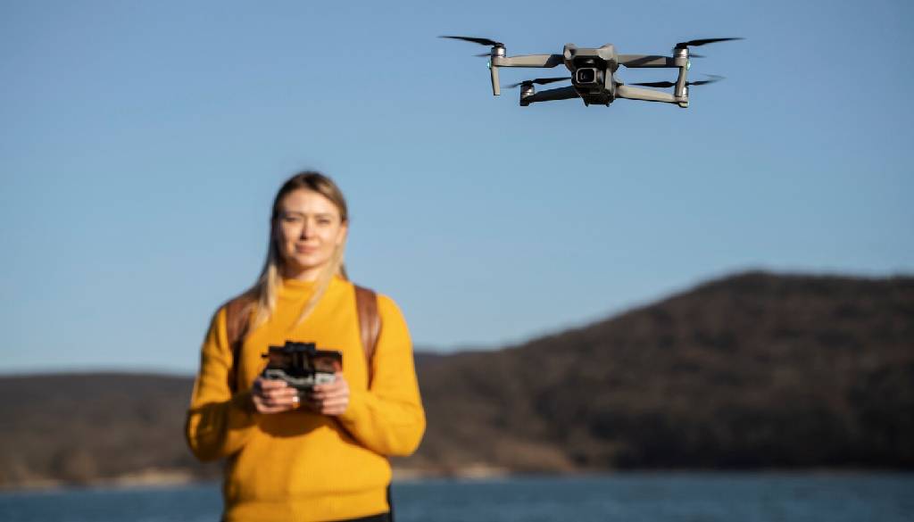 Vrouw met stabiele drone maakt opnames.